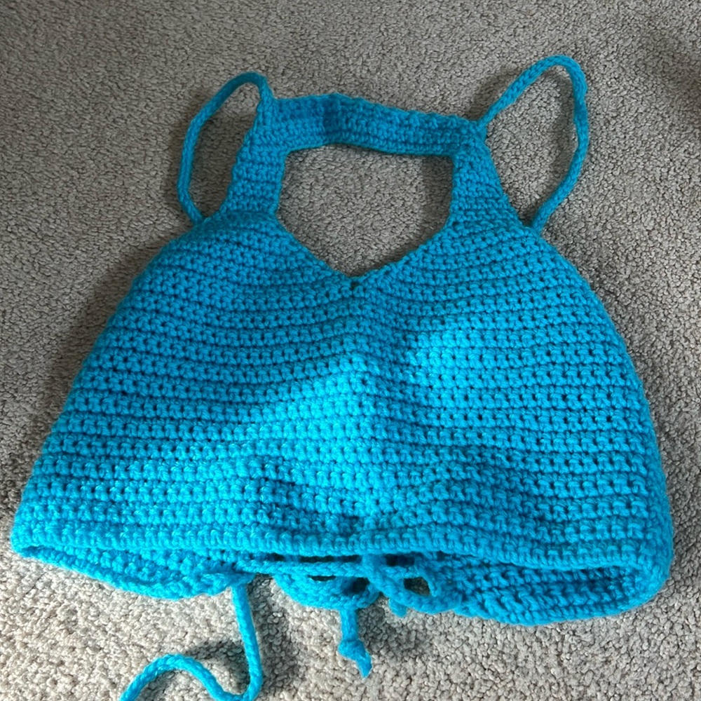 Carribean sky blue homemade hand crafted crochet corset halter crop top
